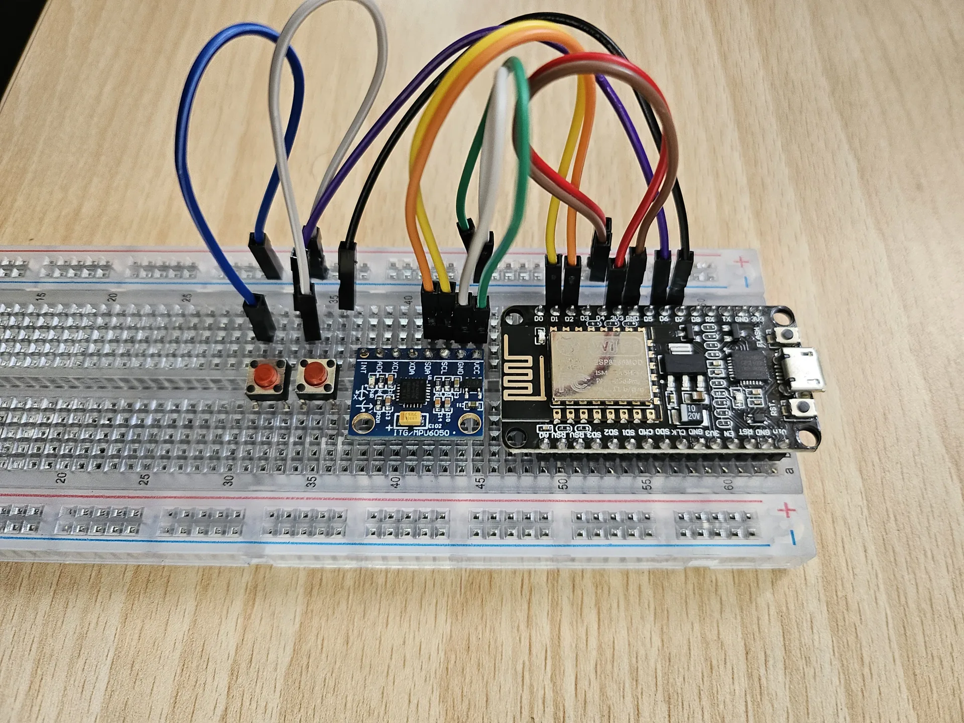 Air-writing circuit with ESP32 and MPU6050 on a breadboard
