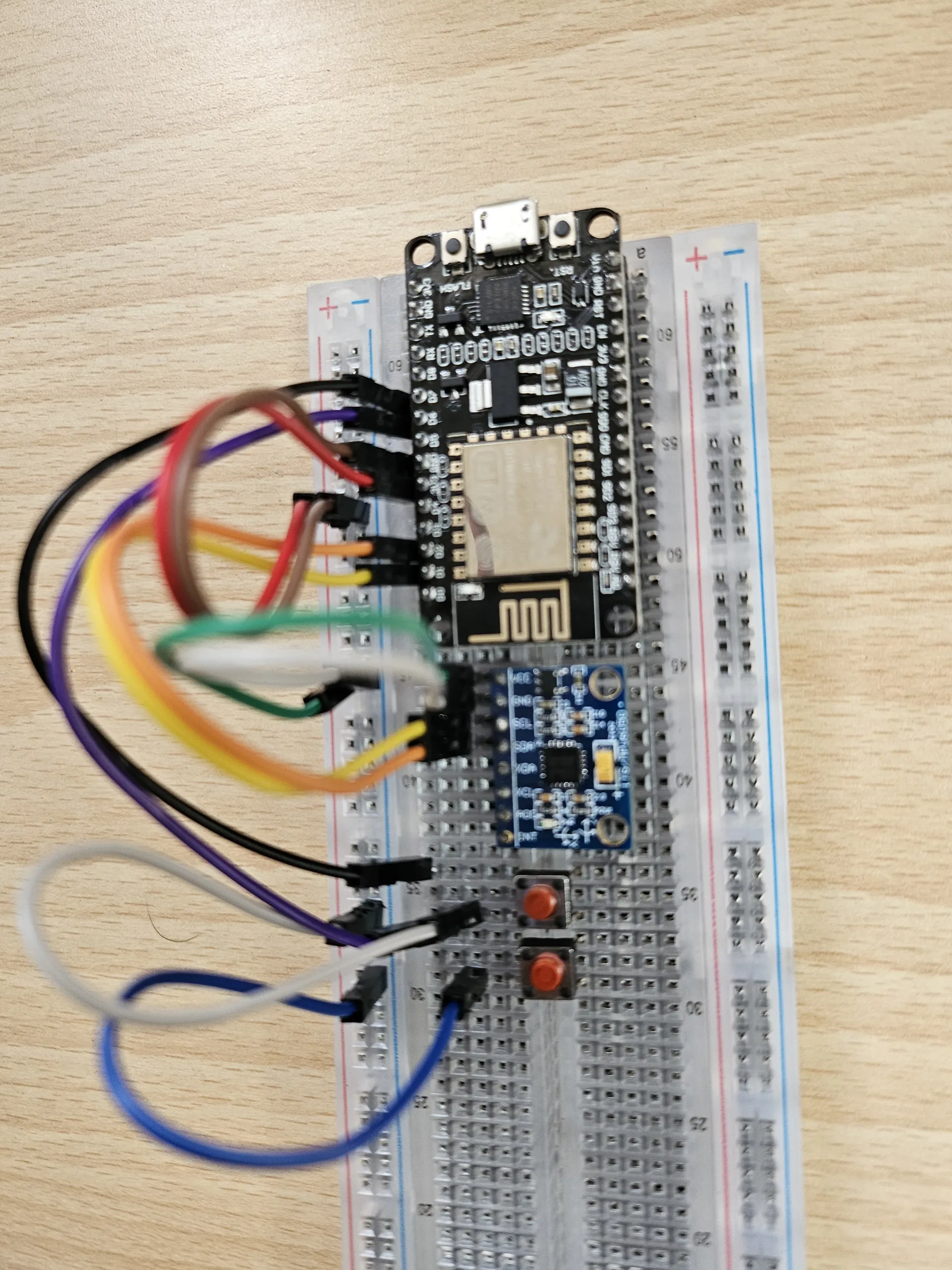 Close-up of the wired ESP32 and MPU6050 sensor board