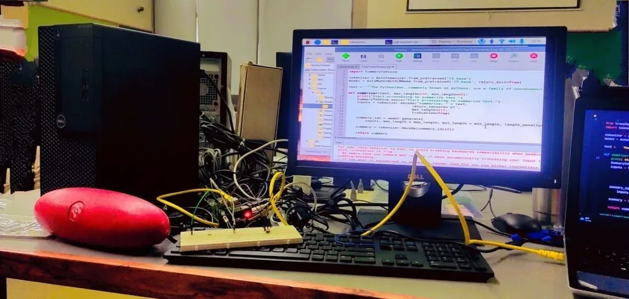 Saransh development setup showing scanned text output on screen