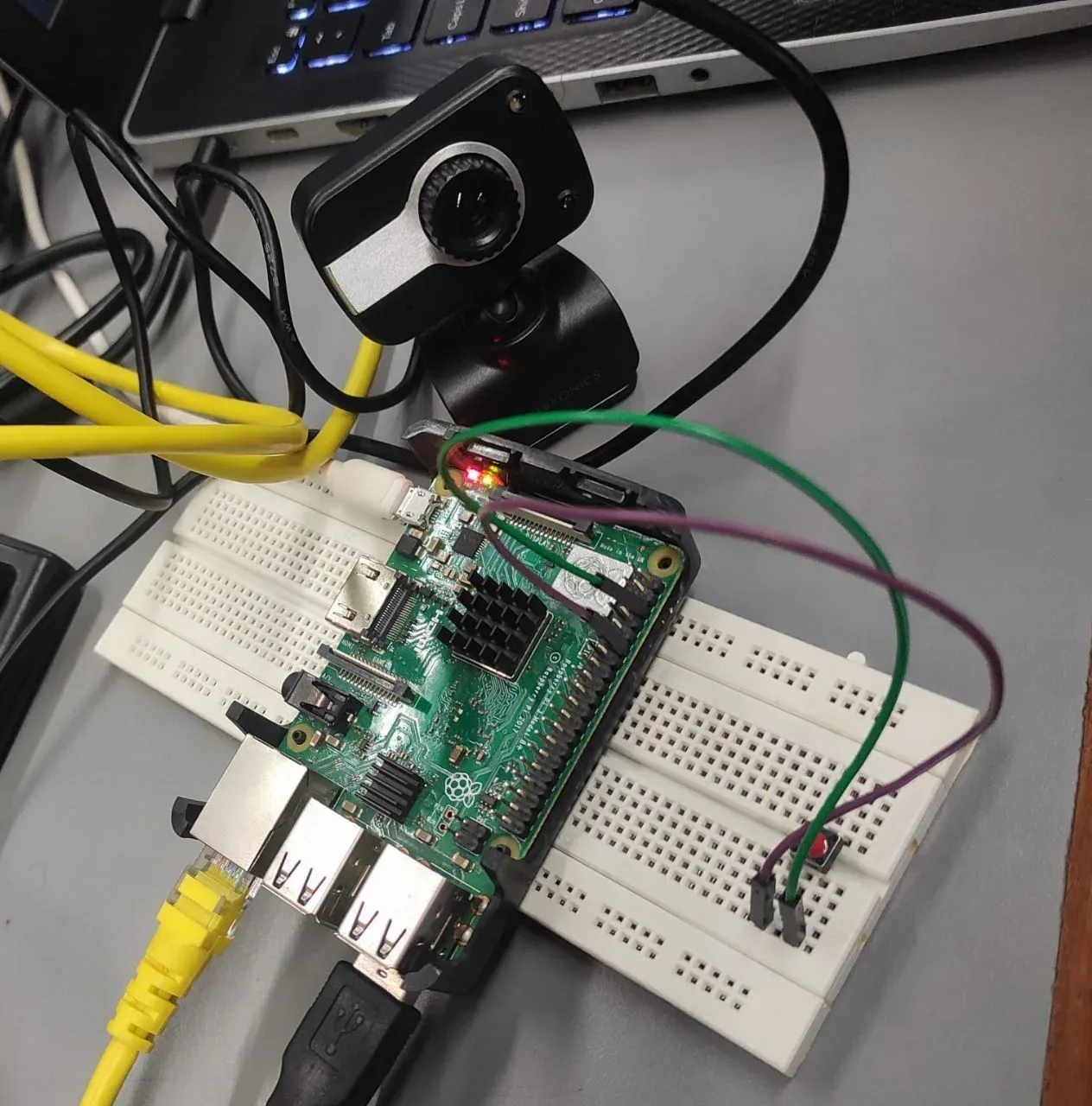 Saransh Raspberry Pi with a camera module mounted over a breadboard